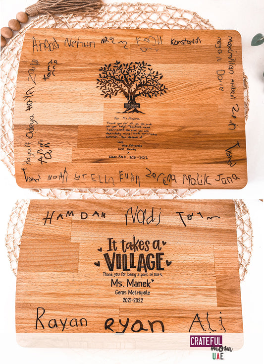 Engraved boards with childrens writing